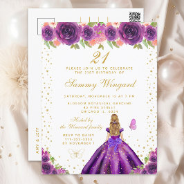 Paarse Bloemen Blond Haar Prinses Verjaardagsfeest Briefkaart