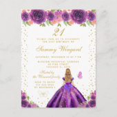 Paarse Bloemen Blond Haar Prinses Verjaardagsfeest Briefkaart (Voorkant)