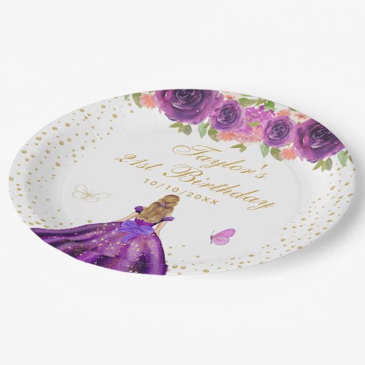 Paarse Bloemen Blond Haar Prinses Verjaardagsfeest Papieren Bordje (Gekanteld)