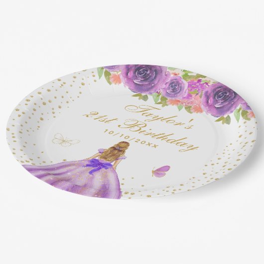 Paarse Bloemen Blond Haar Prinses Verjaardagsfeest Papieren Bordje (Gekanteld)
