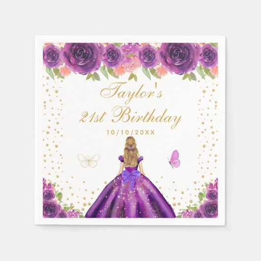 Paarse Bloemen Blond Haar Prinses Verjaardagsfeest Servet (Voorkant)