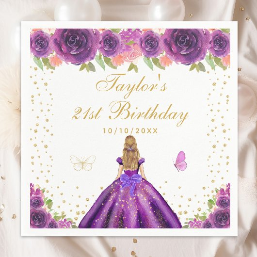Paarse Bloemen Blond Haar Prinses Verjaardagsfeest Servet