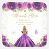 Paarse Bloemen Blond Haar Prinses Verjaardagsfeest Vierkante Sticker (Voorkant)