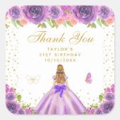 Paarse Bloemen Blond Haar Prinses Verjaardagsfeest Vierkante Sticker (Voorkant)