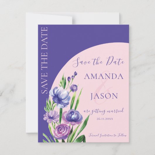 Paarse Bloemen Blush Elegant Bruiloft Save the Dat Aankondiging (Voorkant)