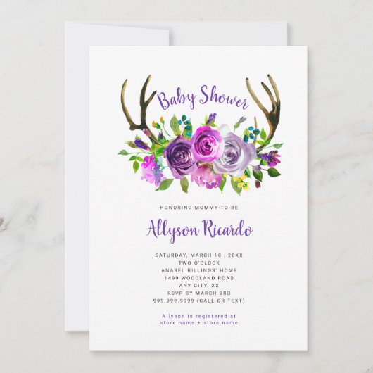 Paarse Bloemen Boho Antlers Baby shower uitnodigin Kaart (Voorkant)