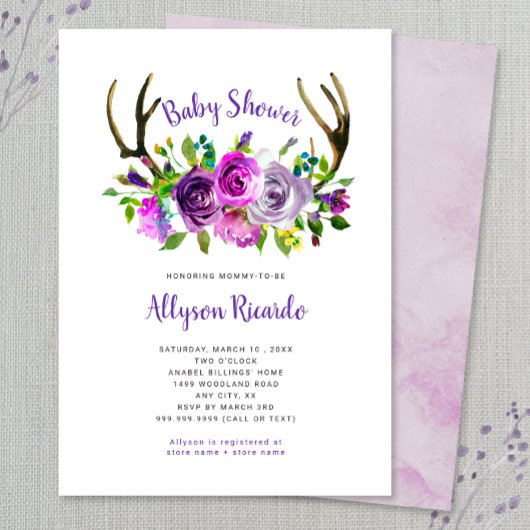 Paarse Bloemen Boho Antlers Baby shower uitnodigin Kaart