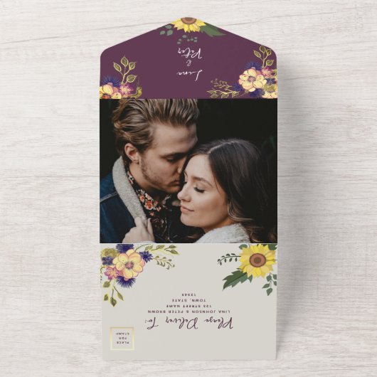 Paarse Bloemen Boho Chic Huwelijk All In One Uitnodiging (Buitenkant)