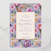 Paarse Bloemen Borduurwerk Bruiloft Lijst Folie Uitnodiging (Voorkant)