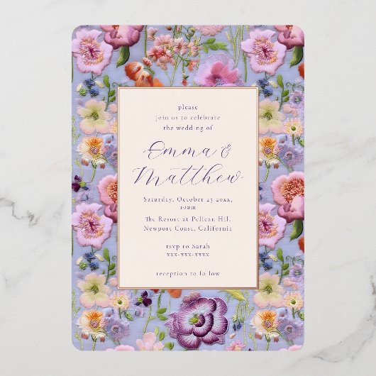 Paarse Bloemen Borduurwerk Bruiloft Lijst Folie Uitnodiging (Voorkant)