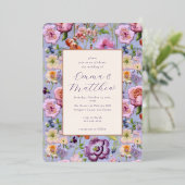 Paarse Bloemen Borduurwerk Bruiloft Lijst Folie Uitnodiging (Staand Voorkant)