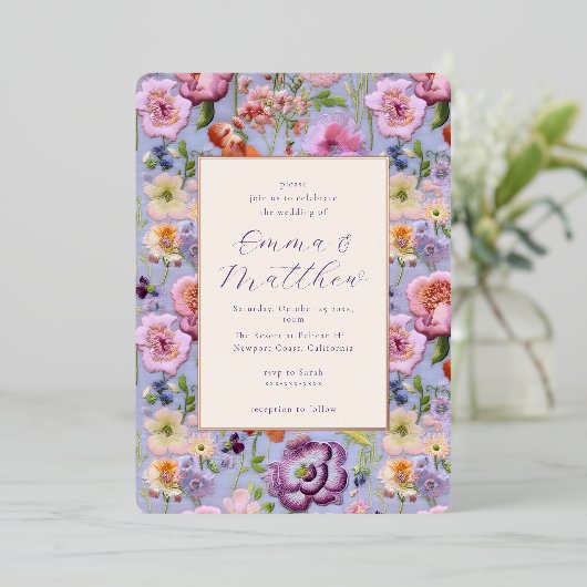 Paarse Bloemen Borduurwerk Bruiloft Lijst Folie Uitnodiging (Staand Voorkant)