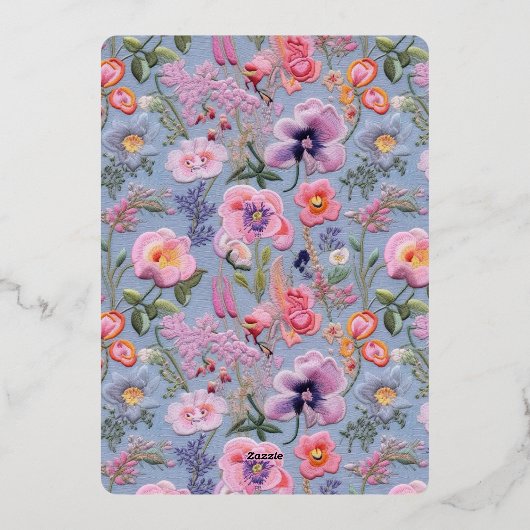 Paarse Bloemen Borduurwerk Bruiloft Lijst Folie Uitnodiging (Achterkant)