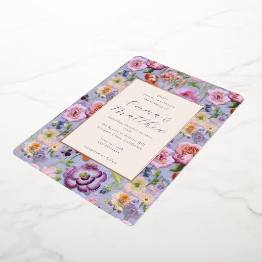 Paarse Bloemen Borduurwerk Bruiloft Lijst Folie Uitnodiging (Gedraaid)