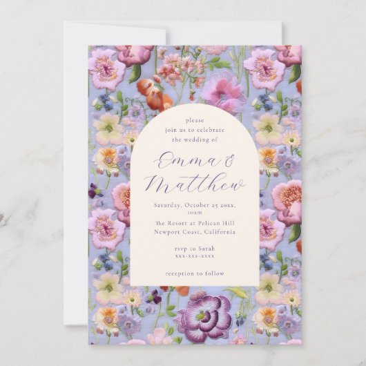 Paarse Bloemen Borduurwerk Maximalistische bruilof Kaart (Voorkant)