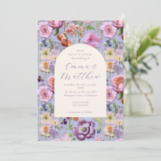 Paarse Bloemen Borduurwerk Maximalistische bruilof Kaart (Staand voorkant)