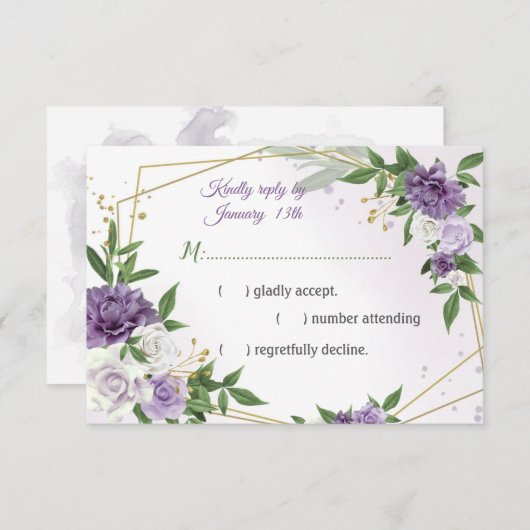 paarse bloemen botanisch goud geometrisch RSVP kaartje (Voorkant / Achterkant)
