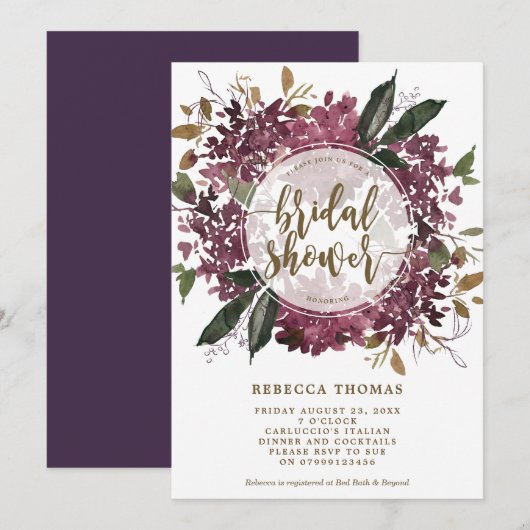 paarse Bloemen Botanische Bruids Douche Uitnodigin Kaart (Voorkant / Achterkant)