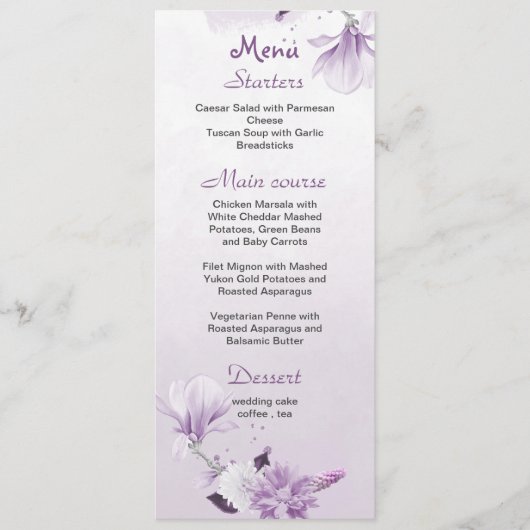 paarse bloemen botanische bruiloft menu (Voorkant)