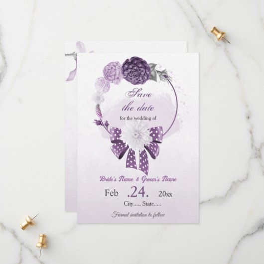 paarse bloemen botanische bruiloft save the date (Voorkant / Achterkant in situ)