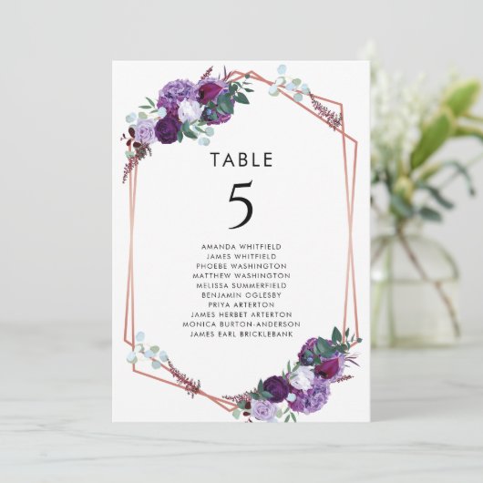 Paarse Bloemen Botanische Bruiloft Tafelnummer (Staand voorkant)