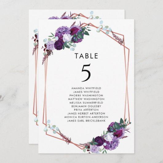 Paarse Bloemen Botanische Bruiloft Tafelnummer (Voorkant / Achterkant)
