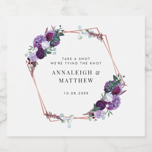 Paarse Bloemen Botanische Geometrische Bruiloft Likeurfles Etiket (Enkel label)