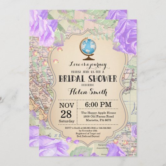 Paarse Bloemen Bruids Douche Uitnodiging (Voorkant / Achterkant)