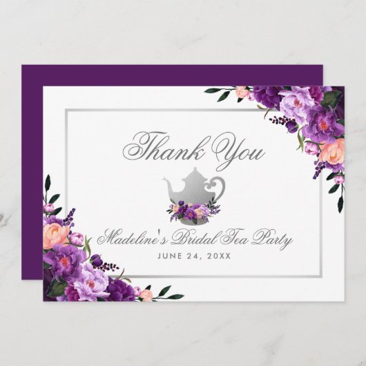 Paarse Bloemen Bruids Tea Party Dank u P Bedankkaart (Voorkant / Achterkant)