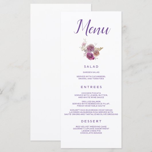 Paarse Bloemen Bruiloft Catering Menu (Voorkant / Achterkant)