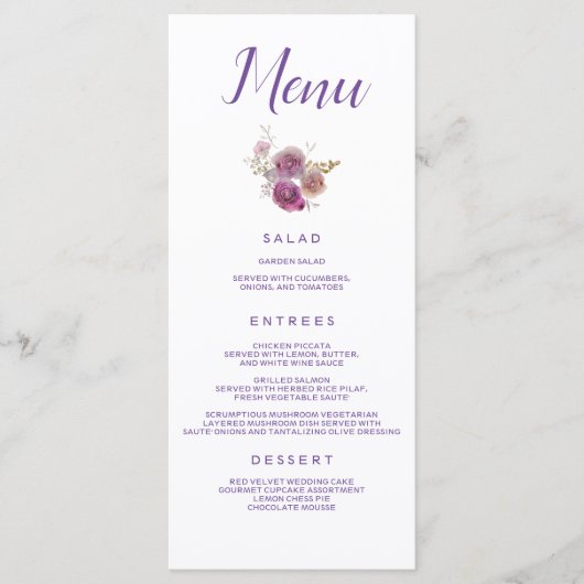 Paarse Bloemen Bruiloft Catering Menu (Voorkant)