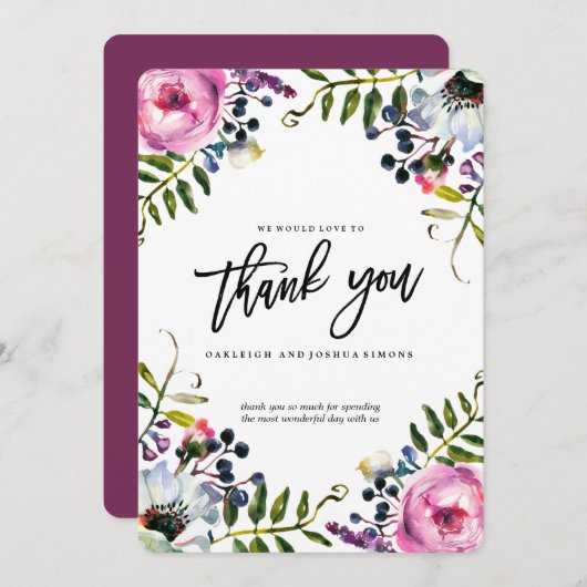  paarse bloemen bruiloft dank u kaart (Voorkant / Achterkant)