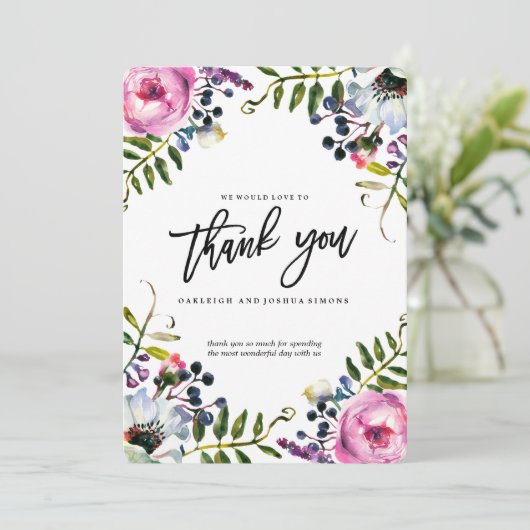 paarse bloemen bruiloft dank u kaart (Staand voorkant)