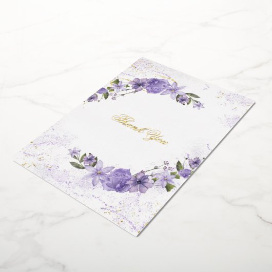 Paarse Bloemen bruiloft Folie dank u kaart (Gedraaid)