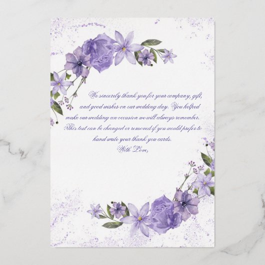 Paarse Bloemen bruiloft Folie dank u kaart (Achterkant)