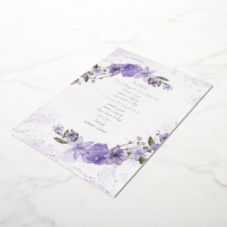 Paarse bloemen bruiloft folie detailkaart uitnodiging