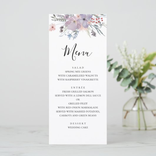 Paarse bloemen bruiloft menu. Lavendel diner menu (Staand voorkant)