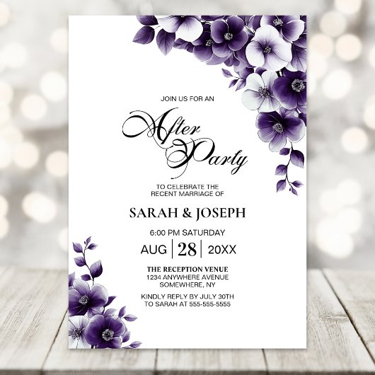 Paarse bloemen bruiloft na feest kaart