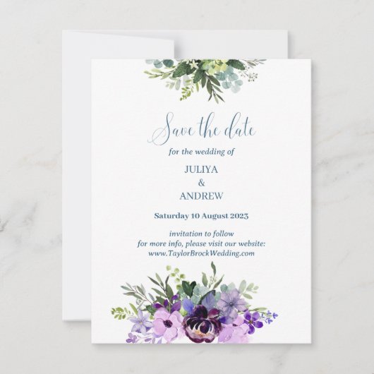 Paarse Bloemen bruiloft opslaan van de datum kaart (Voorkant)