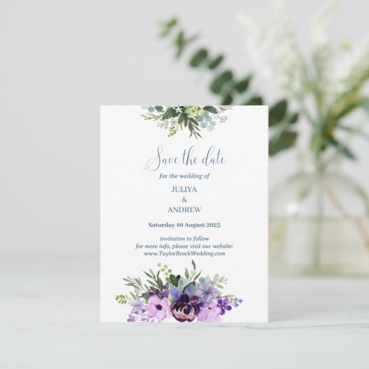 Paarse Bloemen bruiloft opslaan van de datum kaart (Staand voorkant)