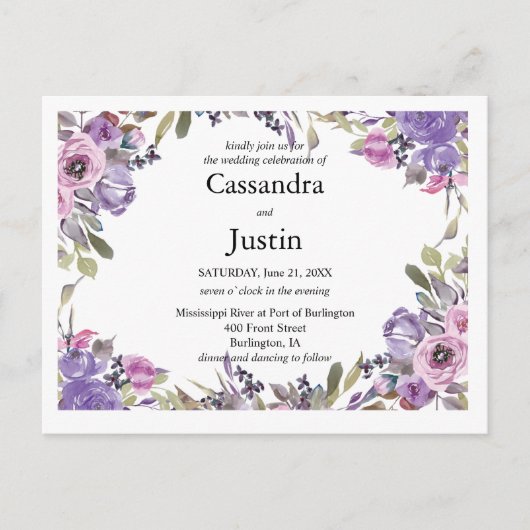 Paarse bloemen bruiloft uitnodigen briefkaart (Voorkant)