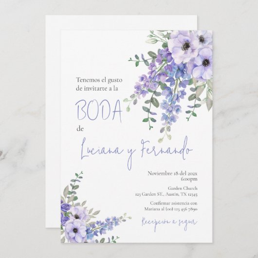 Paarse Bloemen bruiloft uitnodiging in het Spaans (Voorkant / Achterkant)