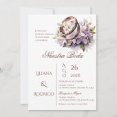 Paarse bloemen bruiloft uitnodiging met ringen (Voorkant)