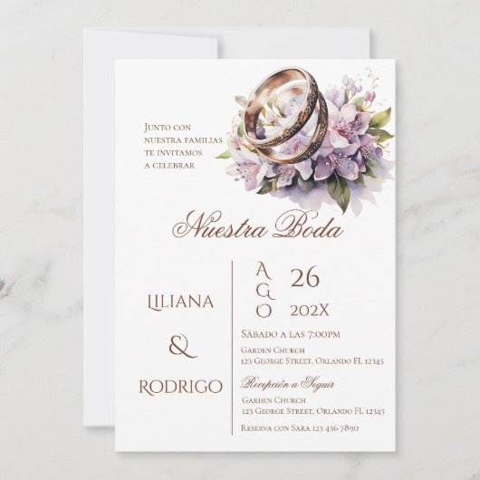 Paarse bloemen bruiloft uitnodiging met ringen (Voorkant)