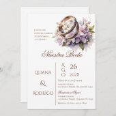 Paarse bloemen bruiloft uitnodiging met ringen (Voorkant / Achterkant)