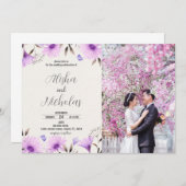 Paarse Bloemen bruiloft uitnodigingen met foto (Voorkant / Achterkant)