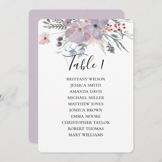 Paarse bloemen bruiloft zitgrafiek. botanisch kaart (Voorkant / Achterkant)