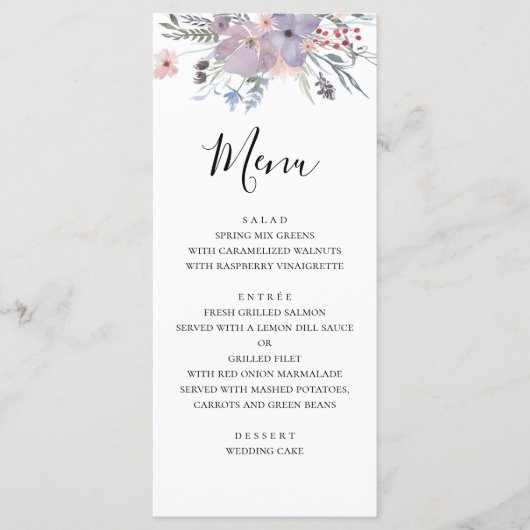Paarse bloemen bruiloftsmenu. Lavendel diner menu (Voorkant)