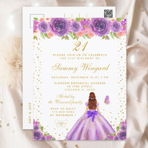 Paarse Bloemen Bruin Haar Prinses Verjaardagsfeest Briefkaart