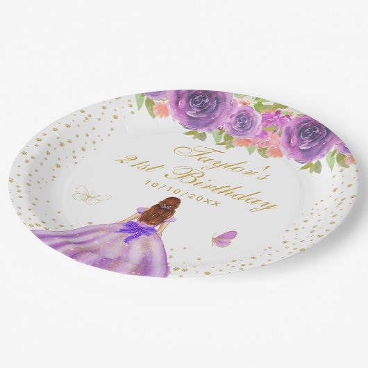 Paarse Bloemen Bruin Haar Prinses Verjaardagsfeest Papieren Bordje (Gekanteld)
